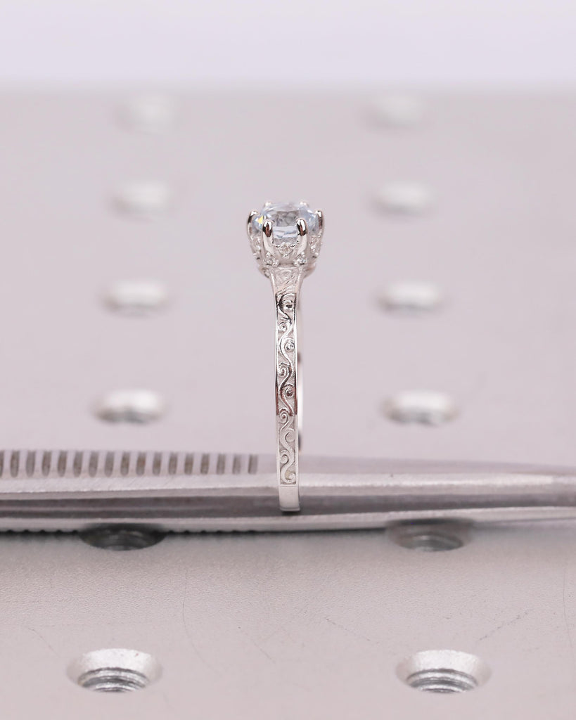 Round Aquamarine Engagement Ring, 14k White Gold Filigree Ring, Anniversary Rings for Women, Hidden Halo Diamond, March Birthstone Jewelry image #11
