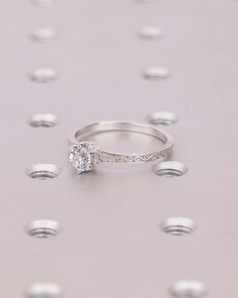 Round Aquamarine Engagement Ring, 14k White Gold Filigree Ring, Anniversary Rings for Women, Hidden Halo Diamond, March Birthstone Jewelry image #4
