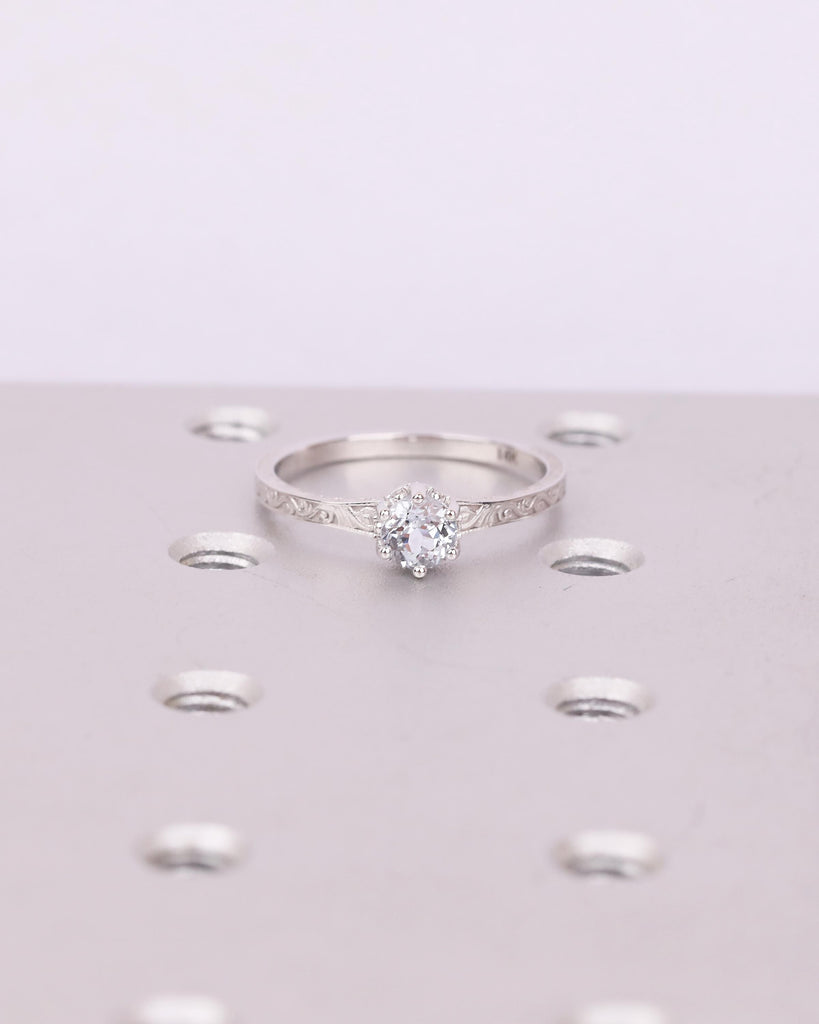 Round Aquamarine Engagement Ring, 14k White Gold Filigree Ring, Anniversary Rings for Women, Hidden Halo Diamond, March Birthstone Jewelry image #19