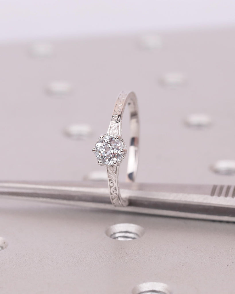 Round Aquamarine Engagement Ring, 14k White Gold Filigree Ring, Anniversary Rings for Women, Hidden Halo Diamond, March Birthstone Jewelry image #3