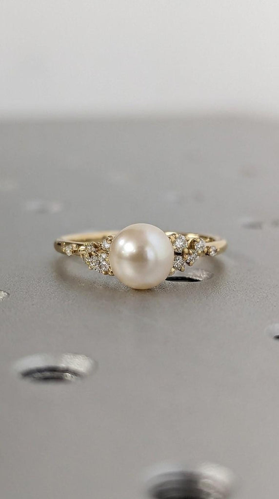 Akoya Pearl Engagement Rings for Women | 14k Yellow Gold Ring Wedding Anniversary Gift | Unique Snowdrift Diamond Cluster Ring image #3