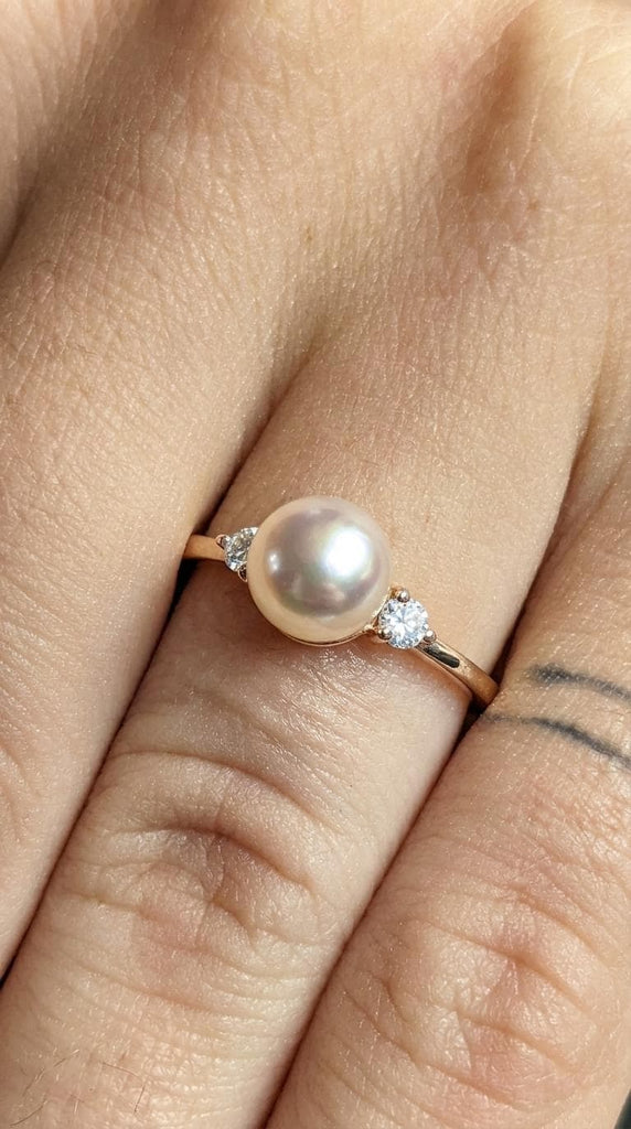 Vintage Akoya Pearl Engagement Ring | 14K Rose Gold | Round Pearl Wedding Ring | Diamond Side Stones | Classic Pearl Jewelry | Antique Ring image #2