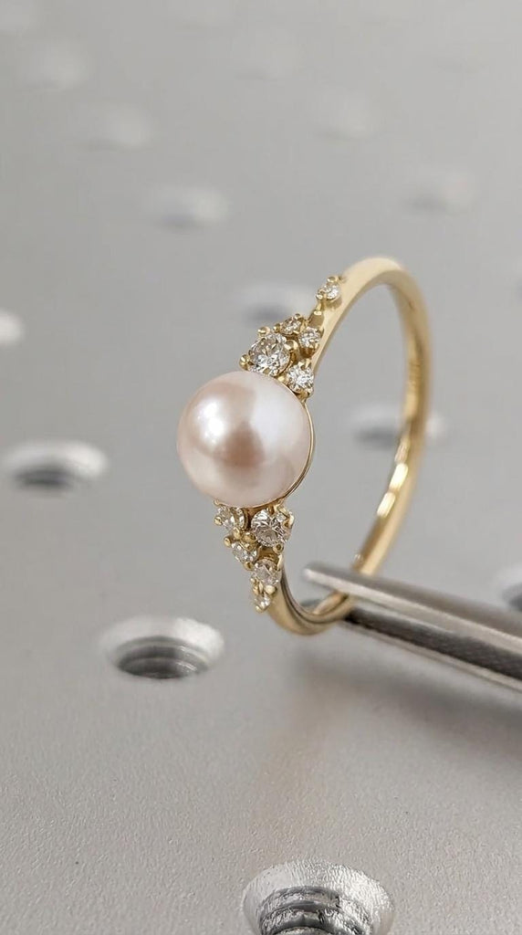 Akoya Pearl Engagement Rings for Women | 14k Yellow Gold Ring Wedding Anniversary Gift | Unique Snowdrift Diamond Cluster Ring