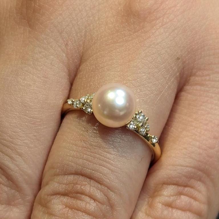 Pearl Wedding Ring Vintage Jewelry | 14k/18k Yellow Gold Moissanite Cluster Proposal Ring | Bridal Gift for Her image #1