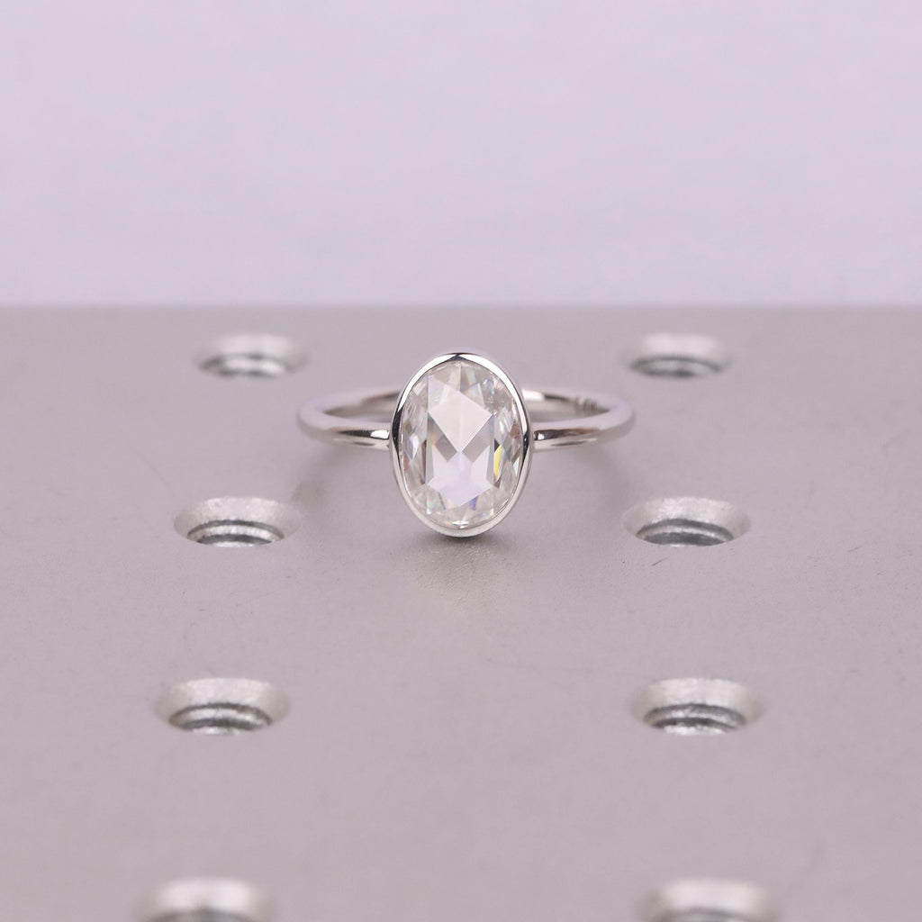 Moissanite Engagement Rings for Women | 14k/18k White Gold Oval Rose cut Solitaire Ring | Bezel set Promise Ring image #3