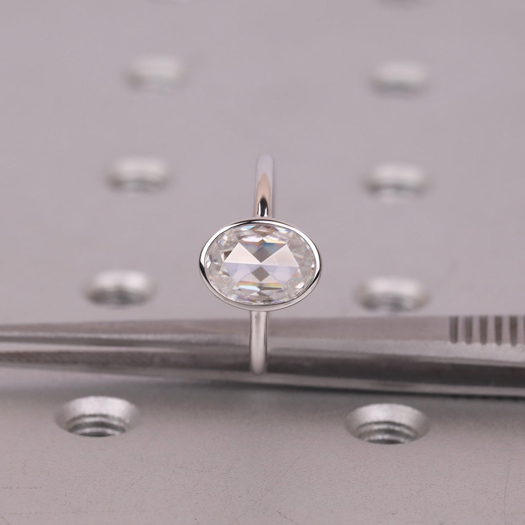 Moissanite Engagement Rings for Women | 14k/18k White Gold Oval Rose cut Solitaire Ring | Bezel set Promise Ring image #11