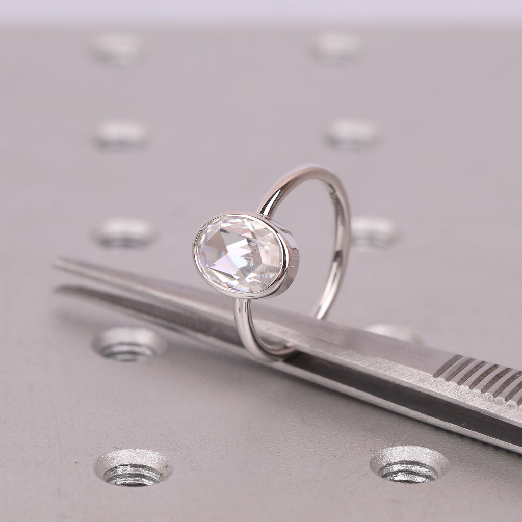 Moissanite Engagement Rings for Women | 14k/18k White Gold Oval Rose cut Solitaire Ring | Bezel set Promise Ring image #10
