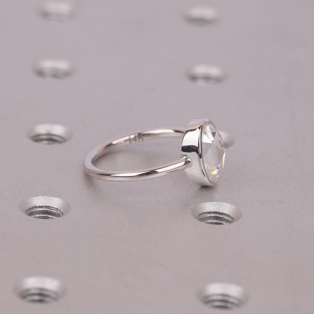 Moissanite Engagement Rings for Women | 14k/18k White Gold Oval Rose cut Solitaire Ring | Bezel set Promise Ring image #4