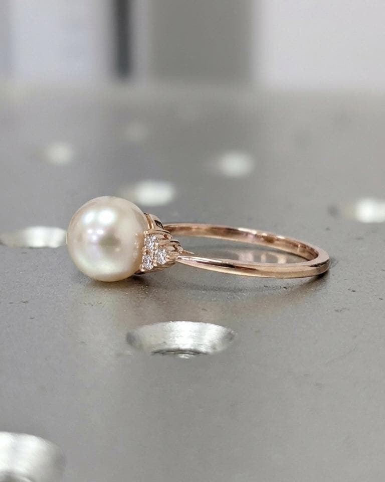 14k Rose Gold Akoya Pearl Engagement Rings for Women | Unique Diamond Cluster Proposal Ring | Wedding Anniversary Gift image #4