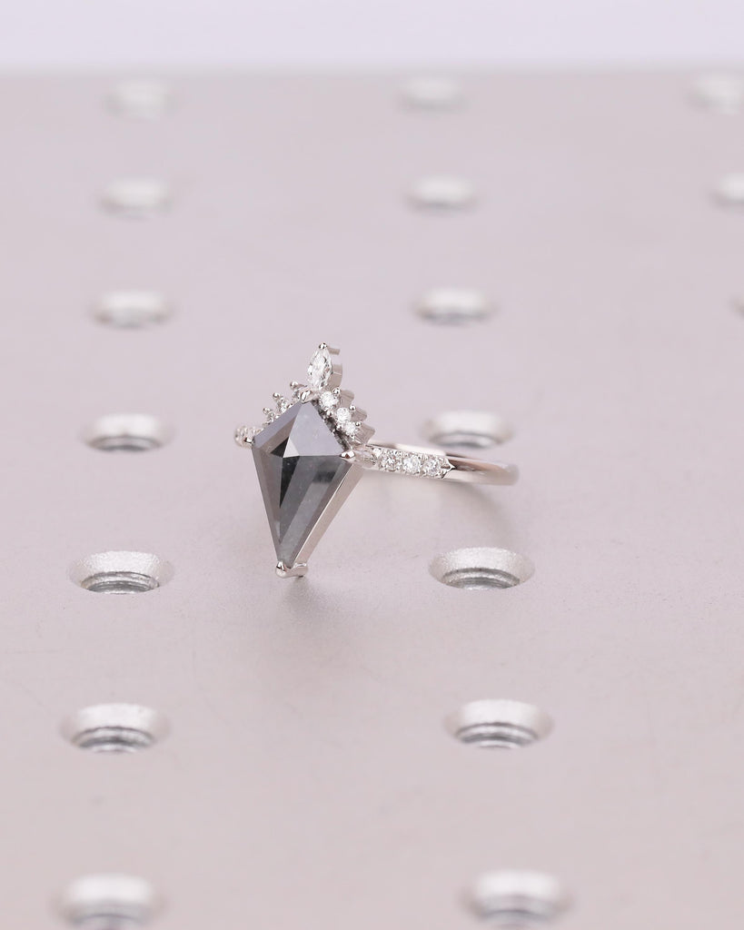 Kite Cut Salt and Pepper Diamond Ring, Unique Engagement Ring, Platinum Bridal Jewelry, Vintage Wedding Anniversary Cluster Rings for Women image #3