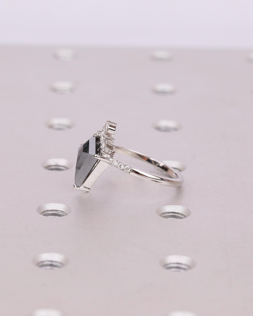 Kite Cut Salt and Pepper Diamond Ring, Unique Engagement Ring, Platinum Bridal Jewelry, Vintage Wedding Anniversary Cluster Rings for Women image #15