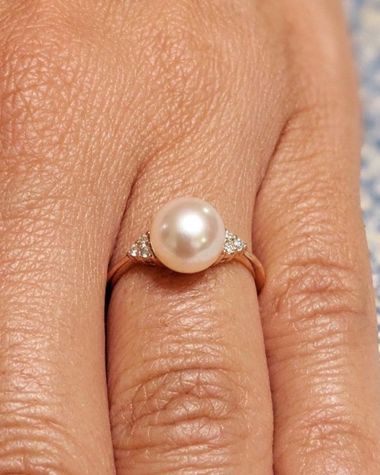 14k Rose Gold Akoya Pearl Engagement Rings for Women | Unique Diamond Cluster Proposal Ring | Wedding Anniversary Gift image #2