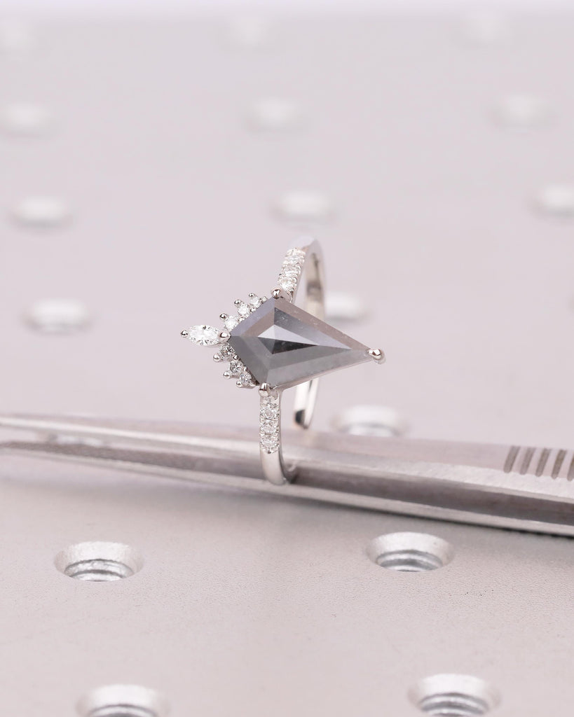 Kite Cut Salt and Pepper Diamond Ring, Unique Engagement Ring, Platinum Bridal Jewelry, Vintage Wedding Anniversary Cluster Rings for Women image #17