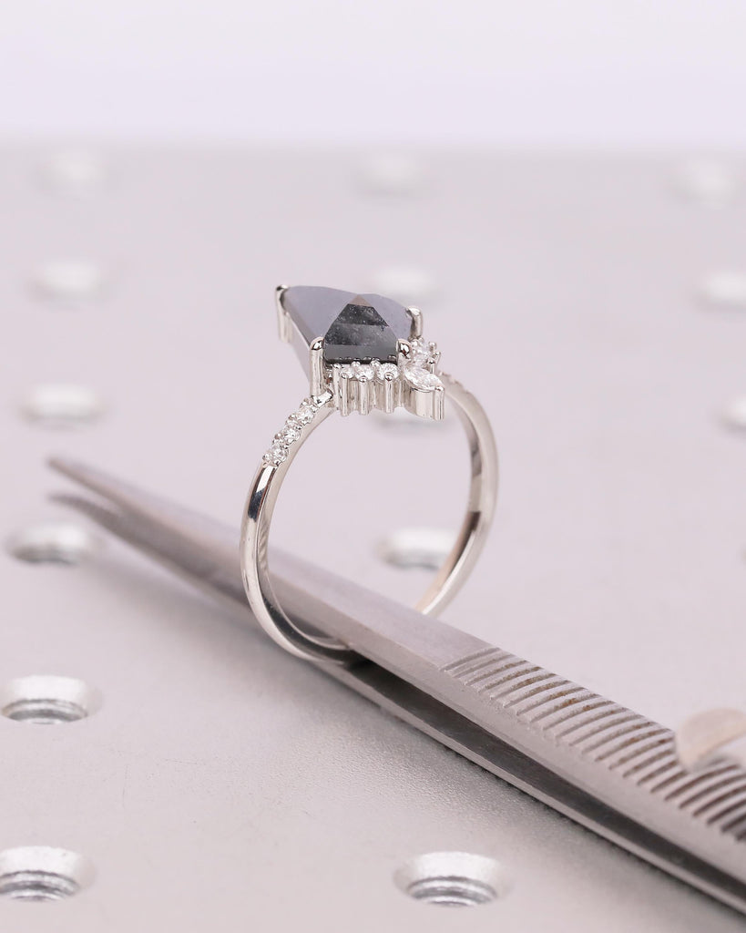 Kite Cut Salt and Pepper Diamond Ring, Unique Engagement Ring, Platinum Bridal Jewelry, Vintage Wedding Anniversary Cluster Rings for Women image #20