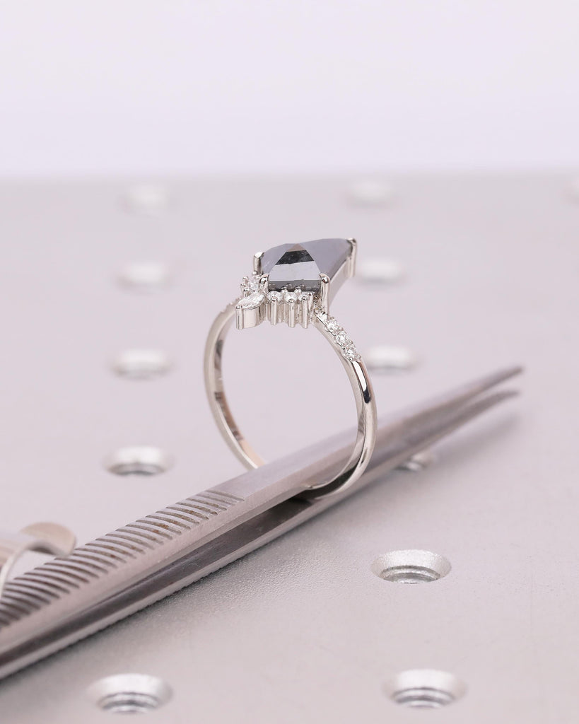 Kite Cut Salt and Pepper Diamond Ring, Unique Engagement Ring, Platinum Bridal Jewelry, Vintage Wedding Anniversary Cluster Rings for Women image #13
