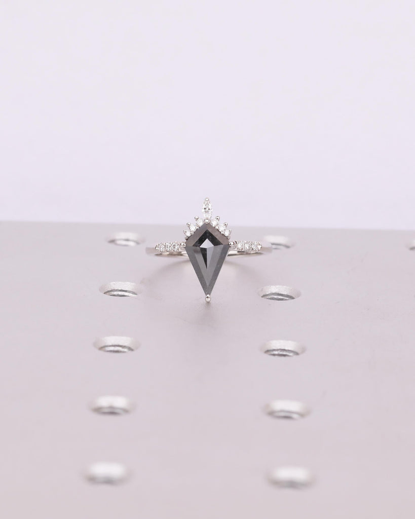 Kite Cut Salt and Pepper Diamond Ring, Unique Engagement Ring, Platinum Bridal Jewelry, Vintage Wedding Anniversary Cluster Rings for Women image #14