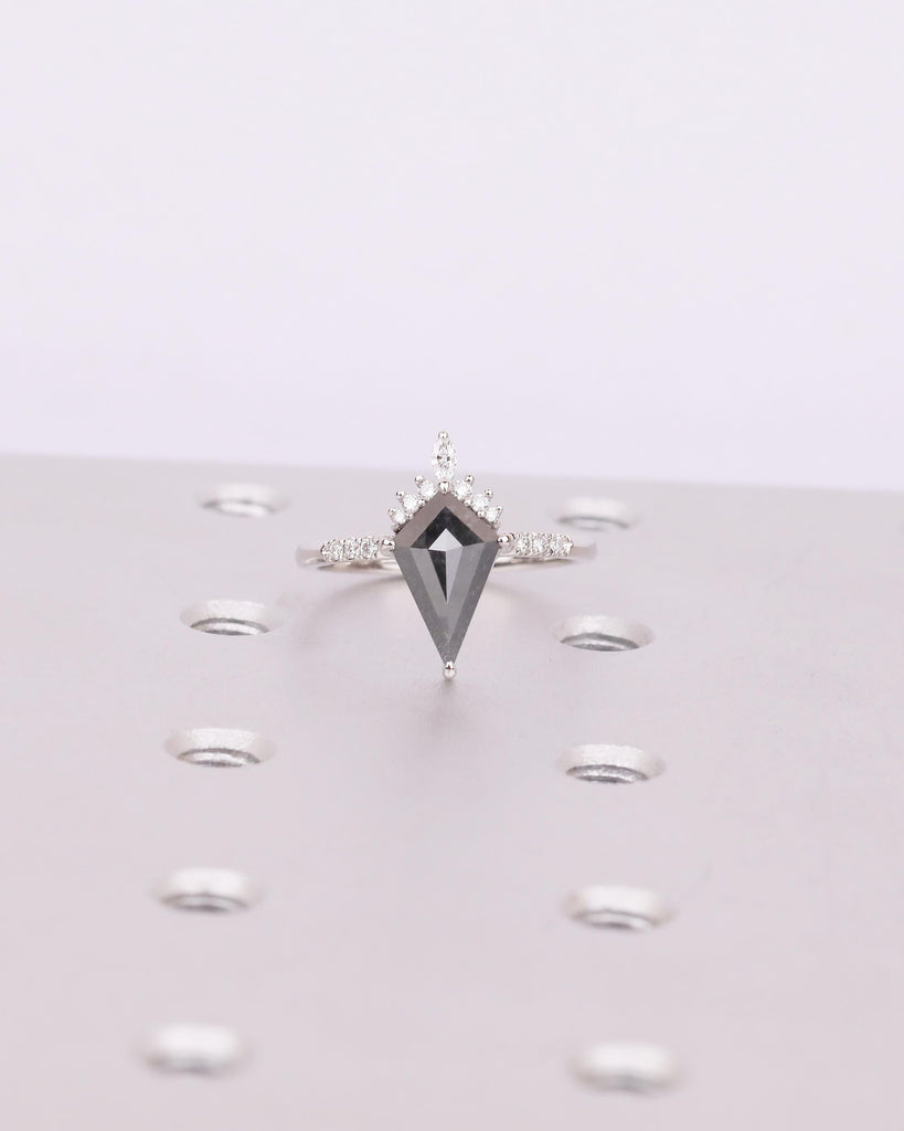 Kite Cut Salt and Pepper Diamond Ring, Unique Engagement Ring, Platinum Bridal Jewelry, Vintage Wedding Anniversary Cluster Rings for Women image #19