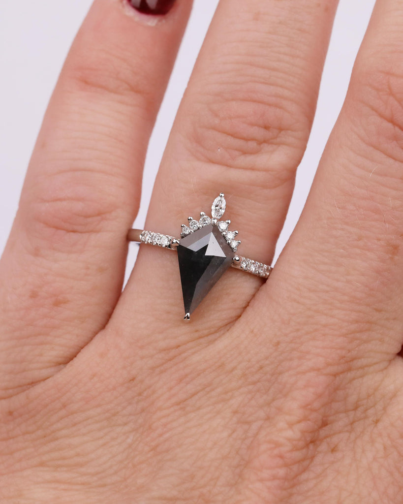 Kite Cut Salt and Pepper Diamond Ring, Unique Engagement Ring, Platinum Bridal Jewelry, Vintage Wedding Anniversary Cluster Rings for Women image #16