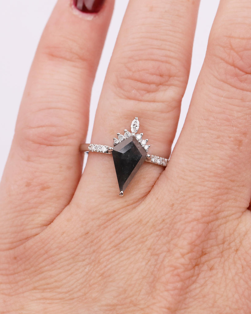 Kite Cut Salt and Pepper Diamond Ring, Unique Engagement Ring, Platinum Bridal Jewelry, Vintage Wedding Anniversary Cluster Rings for Women image #11