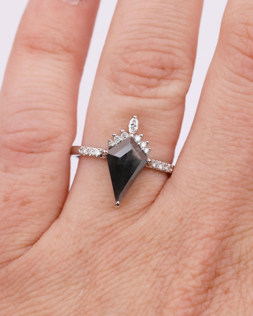 Kite Cut Salt and Pepper Diamond Ring, Unique Engagement Ring, Platinum Bridal Jewelry, Vintage Wedding Anniversary Cluster Rings for Women image #2