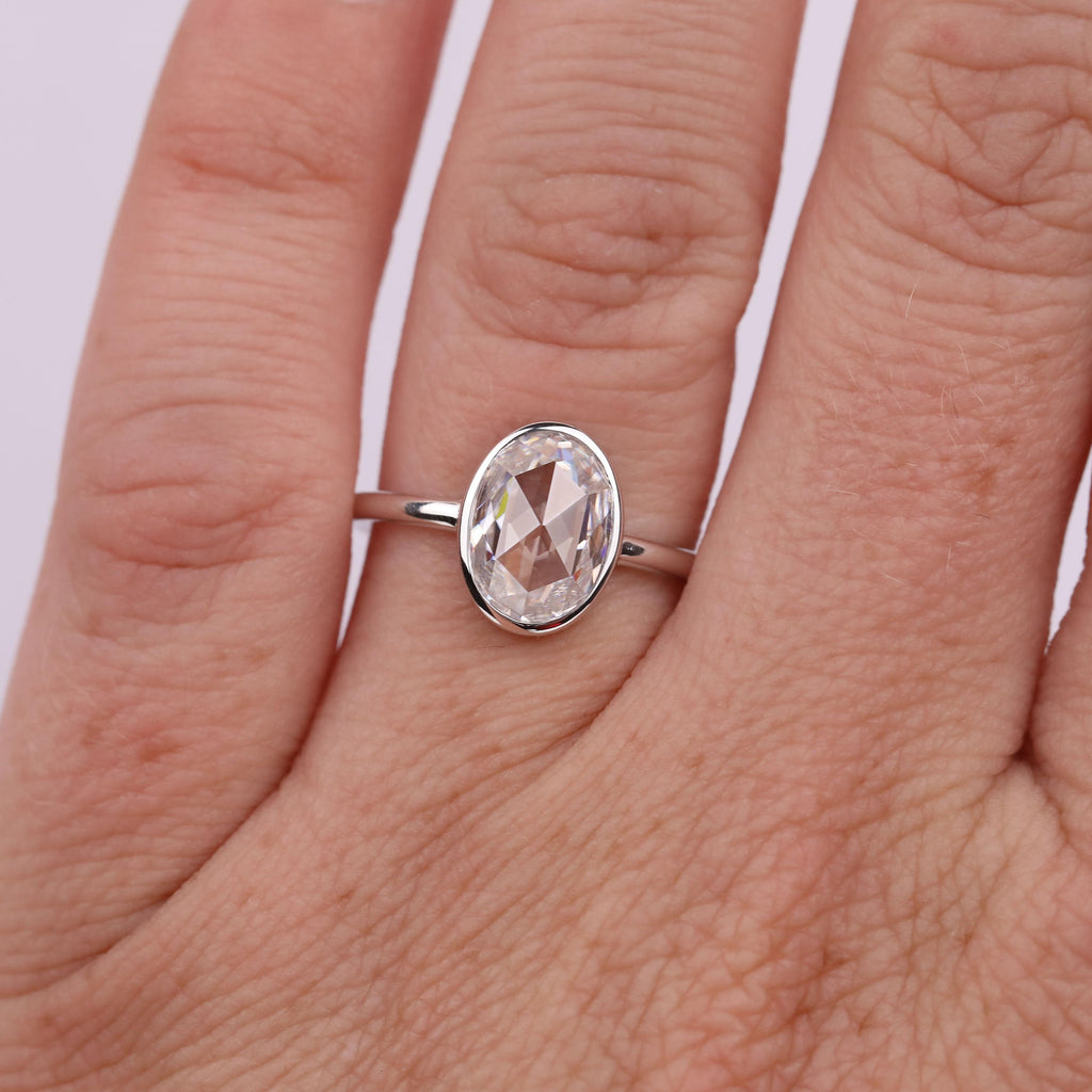 Oval Rose cut Moissanite Solitaire Ring | Solid Gold 2ct Bezel Ring