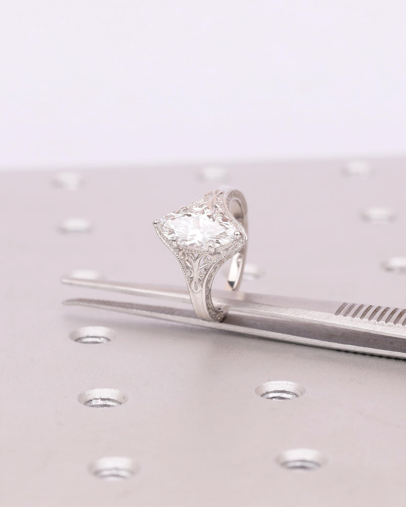 Vintage Lab Created Diamond Marquise Ring, IGI Certified Engagement Rings, Unique Handmade Jewelry, Scrollwork Platinum Promise Ring for Her image #11