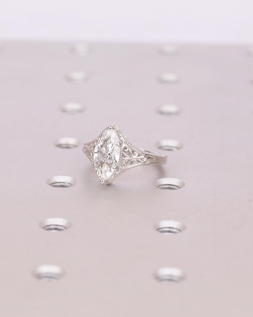 Vintage Lab Created Diamond Marquise Ring, IGI Certified Engagement Rings, Unique Handmade Jewelry, Scrollwork Platinum Promise Ring for Her image #9