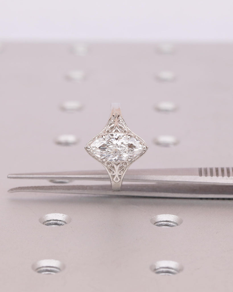 Vintage Lab Created Diamond Marquise Ring, IGI Certified Engagement Rings, Unique Handmade Jewelry, Scrollwork Platinum Promise Ring for Her image #15