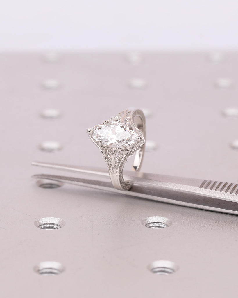 Vintage Lab Created Diamond Marquise Ring, IGI Certified Engagement Rings, Unique Handmade Jewelry, Scrollwork Platinum Promise Ring for Her image #4