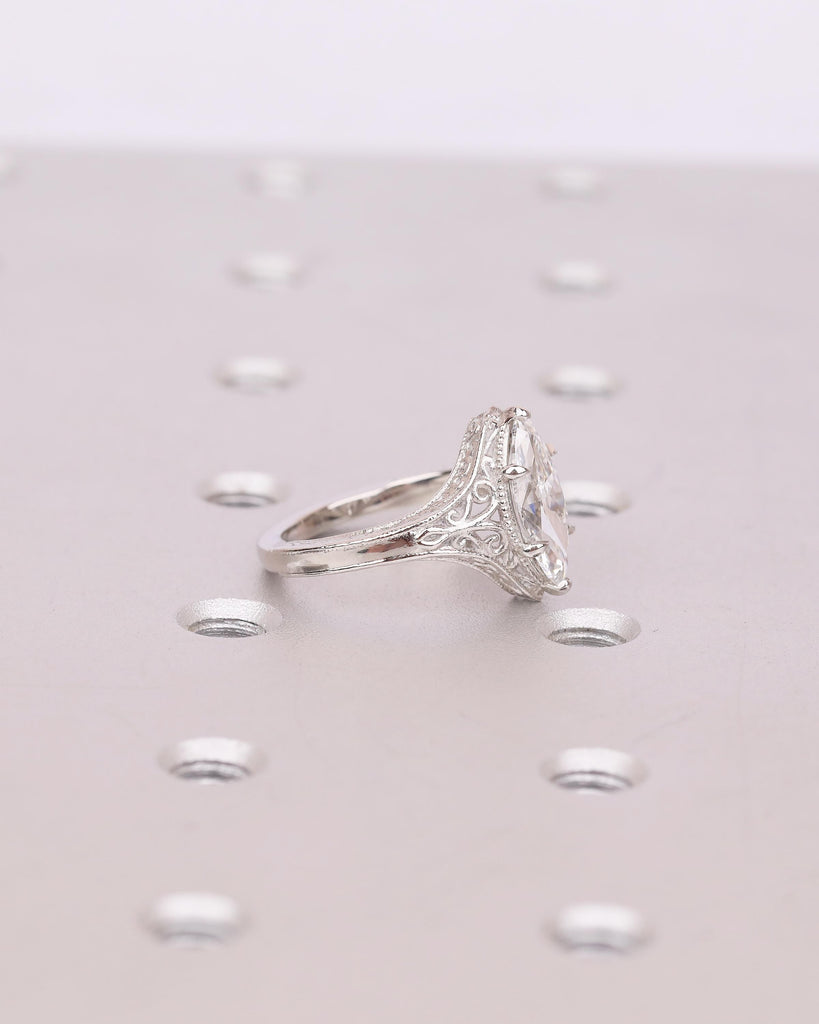Vintage Lab Created Diamond Marquise Ring, IGI Certified Engagement Rings, Unique Handmade Jewelry, Scrollwork Platinum Promise Ring for Her image #14