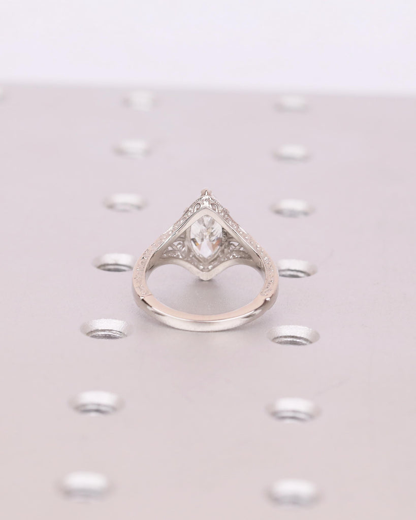Antique Moissanite Ring, Marquise Engagement Ring, Milgrain Platinum Filigree Band image #6