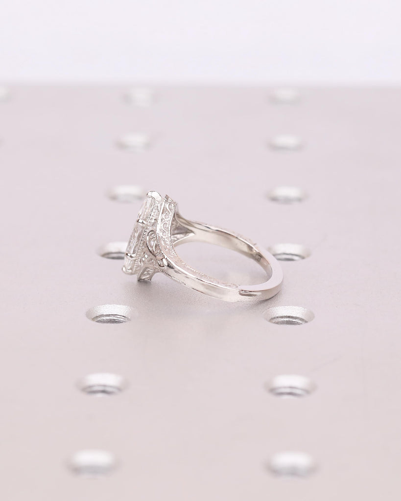 Antique Moissanite Ring, Marquise Engagement Ring, Milgrain Platinum Filigree Band image #14