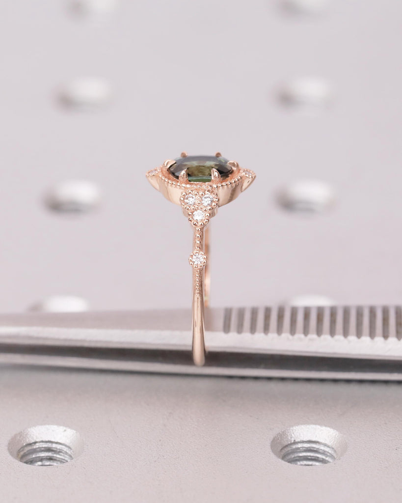 Antique 14k Rose Gold Teal Sapphire Ring, Oval Engagement Ring, Victorian Style Art Deco Statement Rings, Birthstone Jewelry, Milgrain Band image #5