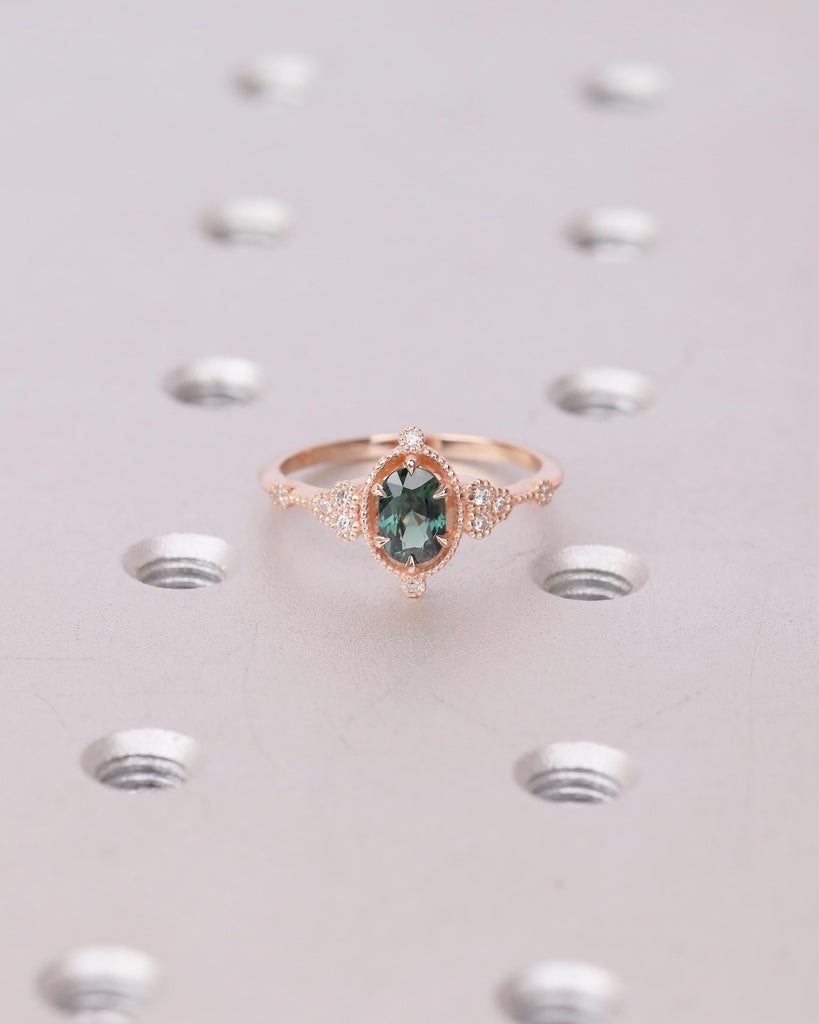 Antique 14k Rose Gold Teal Sapphire Ring, Oval Engagement Ring, Victorian Style Art Deco Statement Rings, Birthstone Jewelry, Milgrain Band image #14