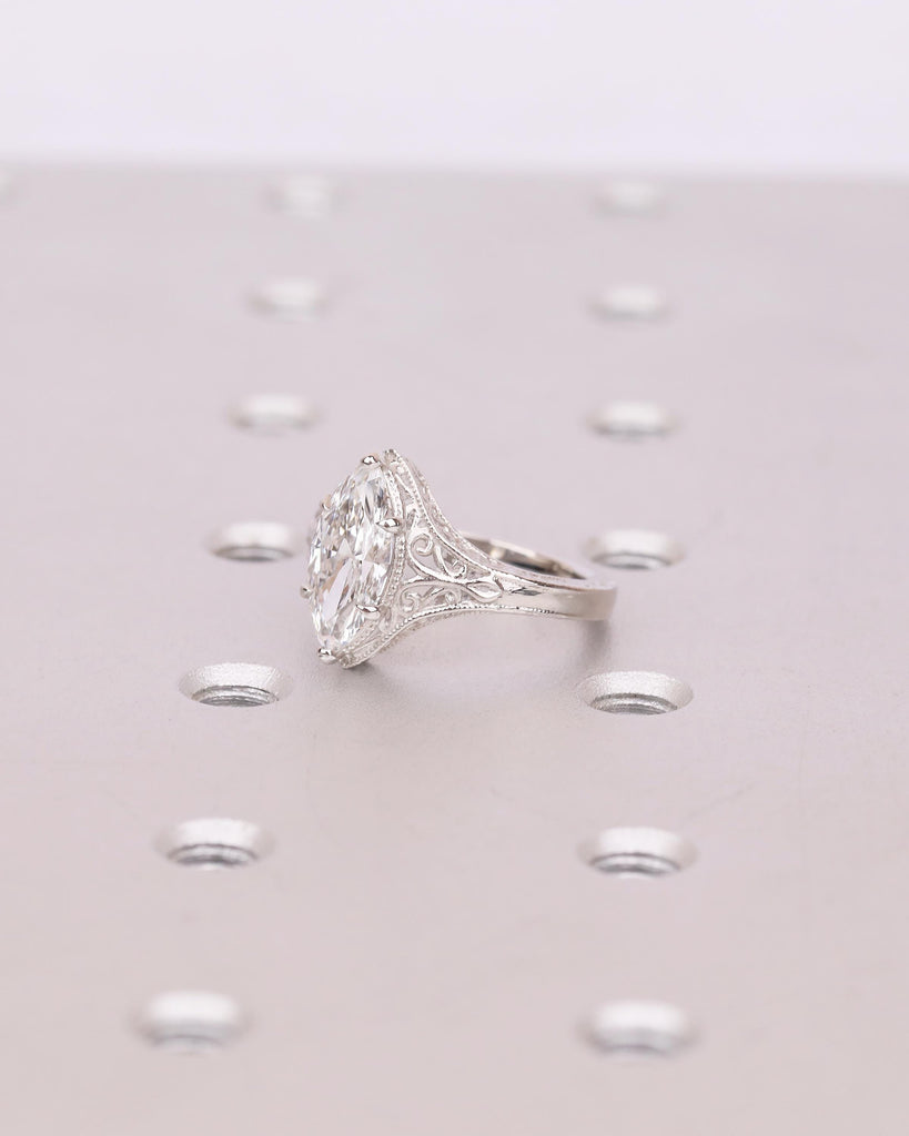 Antique Moissanite Ring, Marquise Engagement Ring, Milgrain Platinum Filigree Band image #9