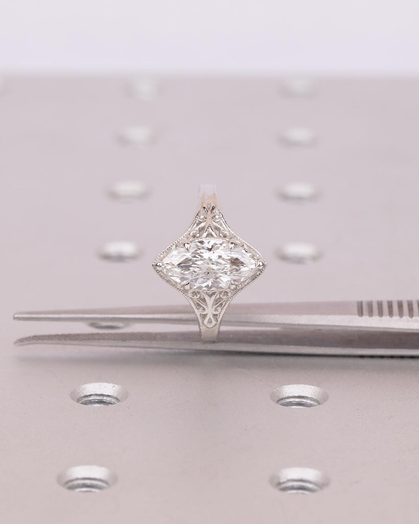 Marquise Moissanite Engagement Ring, Vintage Style Platinum Edwardian Rings for Women, Unique Art Deco Solitaire Ring, Antique Engraved Band image #15