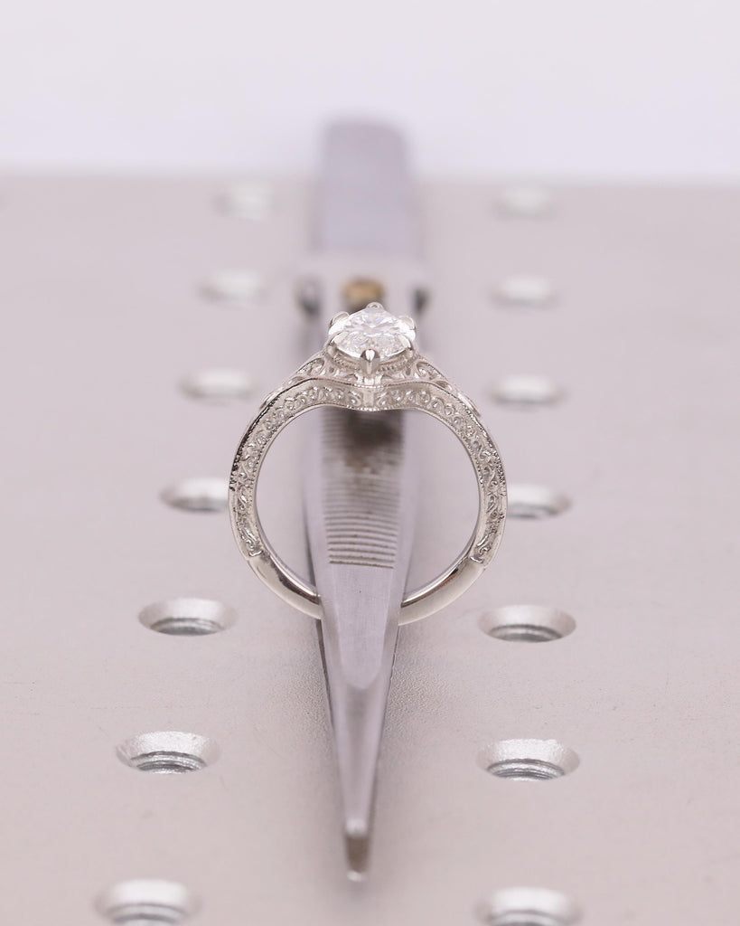 Antique Moissanite Ring, Marquise Engagement Ring, Milgrain Platinum Filigree Band image #7