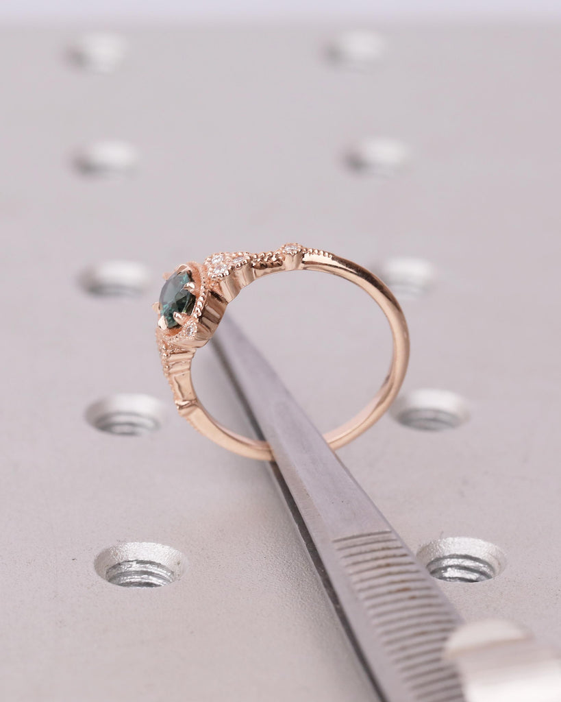 Antique 14k Rose Gold Teal Sapphire Ring, Oval Engagement Ring, Victorian Style Art Deco Statement Rings, Birthstone Jewelry, Milgrain Band image #18