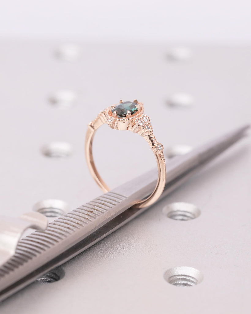 Antique 14k Rose Gold Teal Sapphire Ring, Oval Engagement Ring, Victorian Style Art Deco Statement Rings, Birthstone Jewelry, Milgrain Band image #20