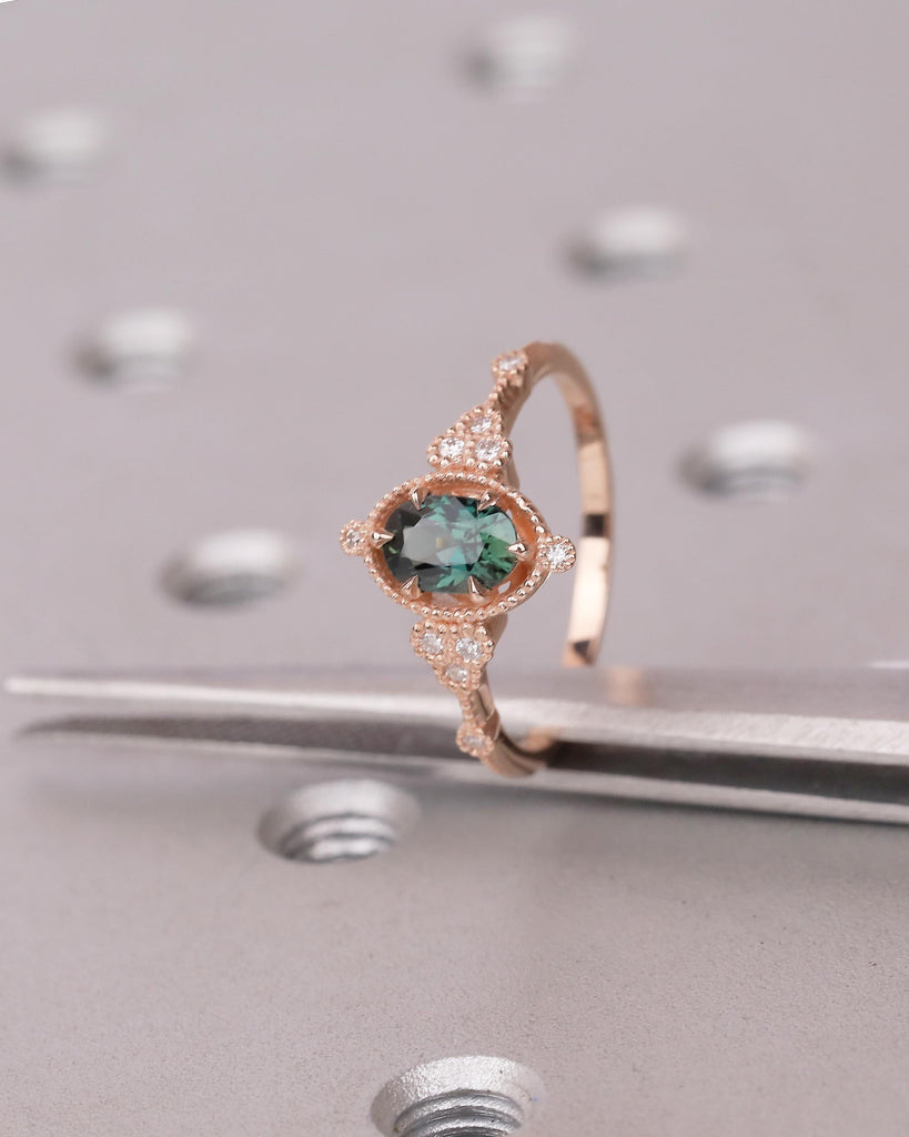 Antique 14k Rose Gold Teal Sapphire Ring, Oval Engagement Ring, Victorian Style Art Deco Statement Rings, Birthstone Jewelry, Milgrain Band image #11