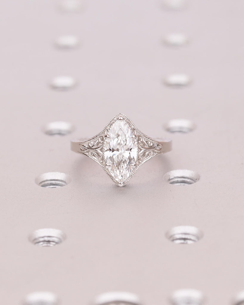 Marquise Moissanite Engagement Ring, Vintage Style Platinum Edwardian Rings for Women, Unique Art Deco Solitaire Ring, Antique Engraved Band image #3