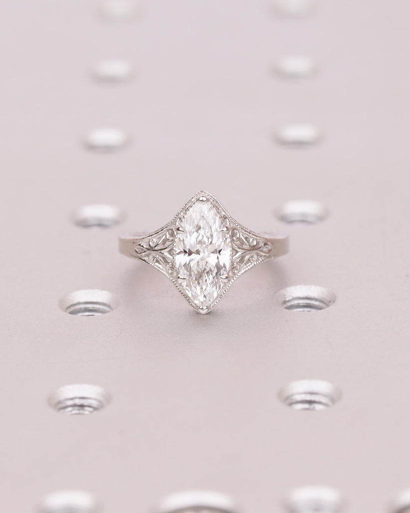 Antique Moissanite Ring, Marquise Engagement Ring, Milgrain Platinum Filigree Band image #3