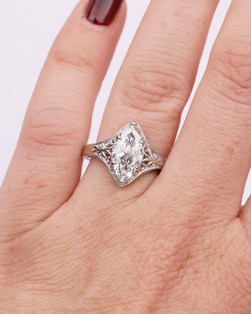 Antique Moissanite Ring, Marquise Engagement Ring, Milgrain Platinum Filigree Band image #11