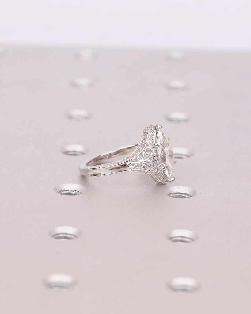 Marquise Moissanite Engagement Ring, Vintage Style Platinum Edwardian Rings for Women, Unique Art Deco Solitaire Ring, Antique Engraved Band image #19