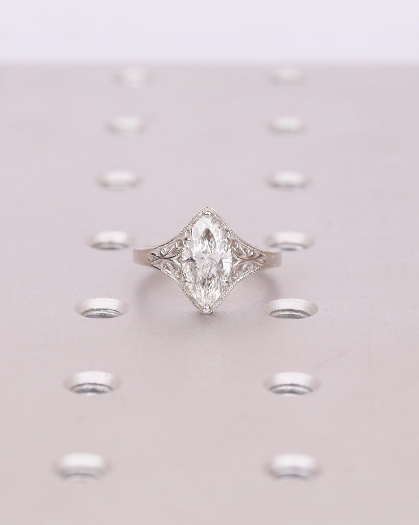 Antique Moissanite Ring, Marquise Engagement Ring, Milgrain Platinum Filigree Band image #13