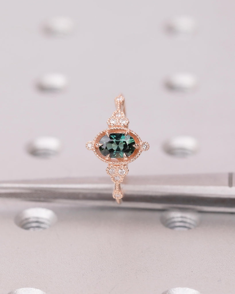 Antique 14k Rose Gold Teal Sapphire Ring, Oval Engagement Ring, Victorian Style Art Deco Statement Rings, Birthstone Jewelry, Milgrain Band image #4