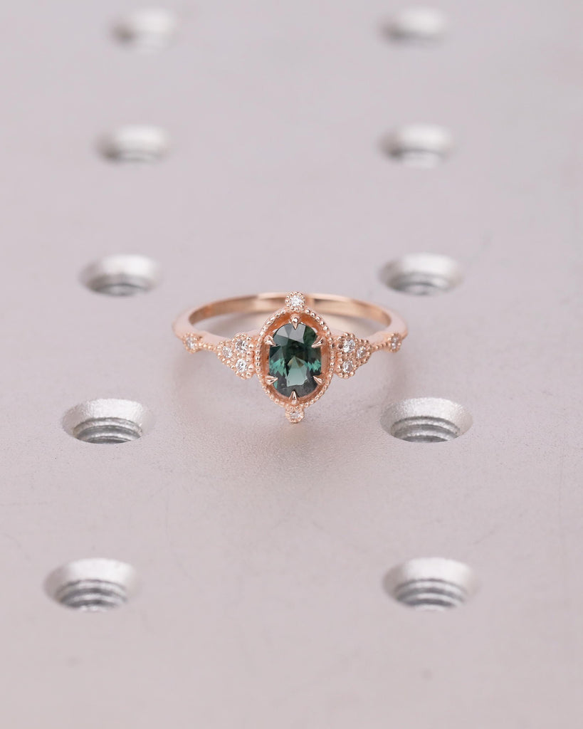 Antique 14k Rose Gold Teal Sapphire Ring, Oval Engagement Ring, Victorian Style Art Deco Statement Rings, Birthstone Jewelry, Milgrain Band image #9