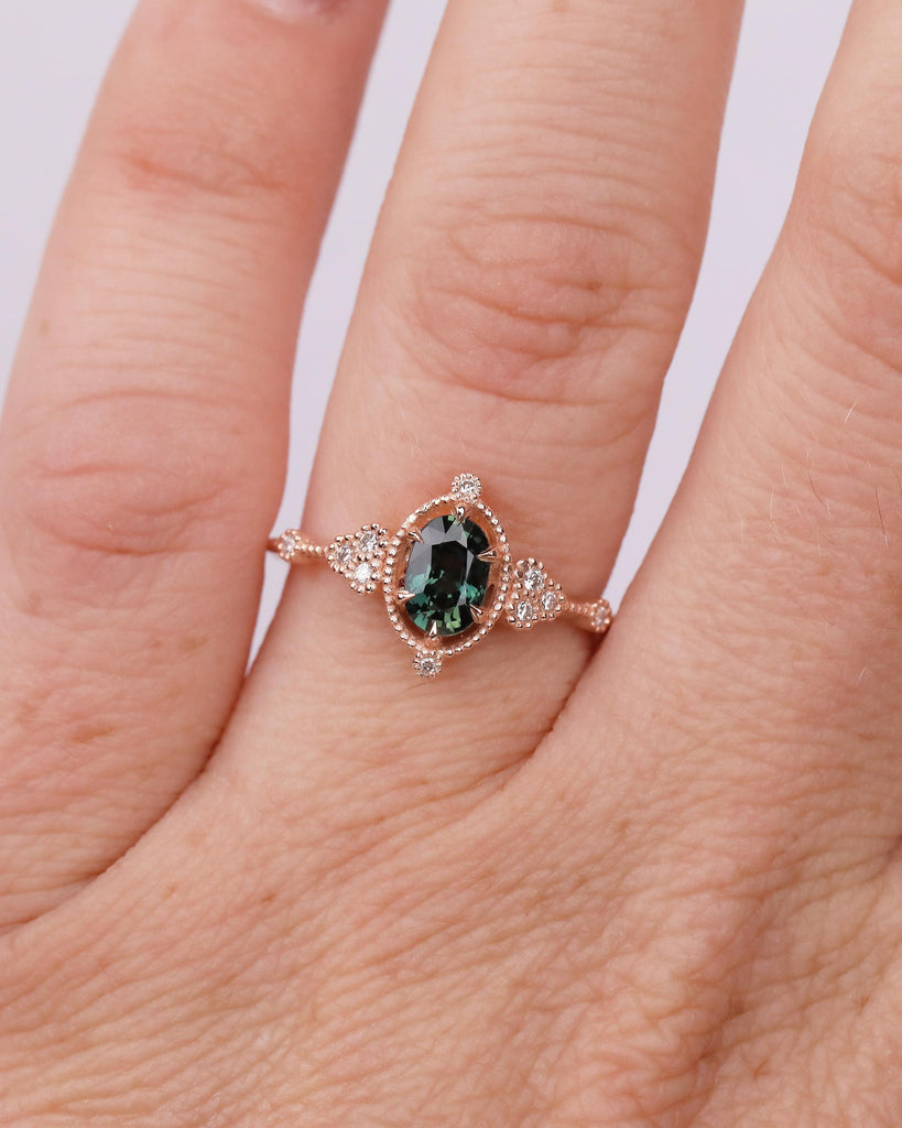 Antique 14k Rose Gold Teal Sapphire Ring, Oval Engagement Ring, Victorian Style Art Deco Statement Rings, Birthstone Jewelry, Milgrain Band image #2