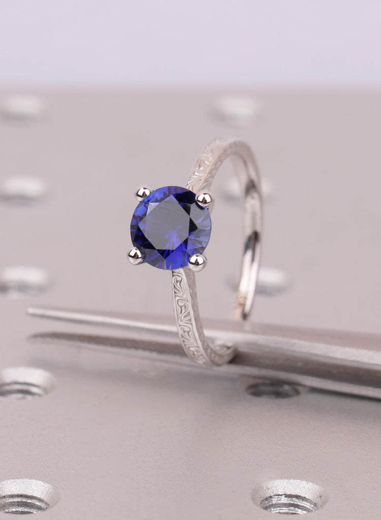 Vintage Sapphire Engagement Ring, 18K White Gold, Art Deco Blue Sapphire Ring, Round Lab Sapphire Birthstone, Wedding Anniversary Jewelry