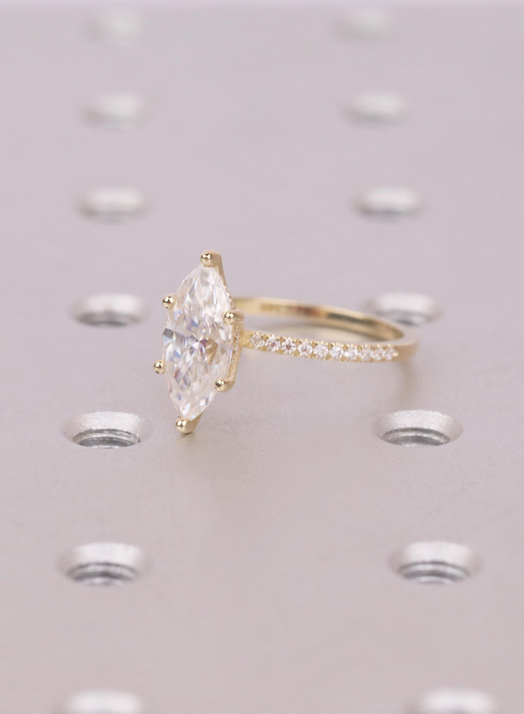 Wedding Ring Set, Marquise Cut Moissanite Engagement Ring Set, Round Diamond 14K Gold Pave Band, Dainty Diamond Matching Band, Six Prong Set image #7